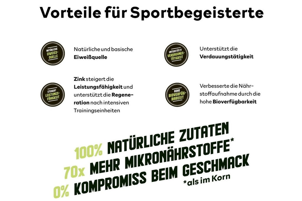 Vorteile für Sportbegeisterte  - Natürliche und basische Eiweißquelle für die Muskelregeneration  - unterstützt die Verdauungstätigkeit  - Zink steigert dIe Leistungsfähigkeit und unterstützt die Regeneration nach intensiven Trainingseinheiten  - verbesse